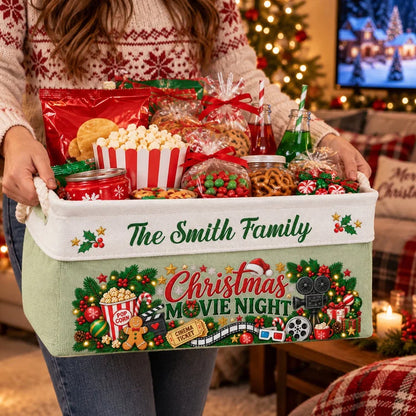 Custom Christmas Movie Night Basket - Personalized Family Name Gift - Cozy Holiday Nights At Home