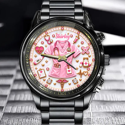 Personalized Nurse Watch - Custom Name Pink Nursing Uniform Art Watch - Gift For Nurses & Medical Workers