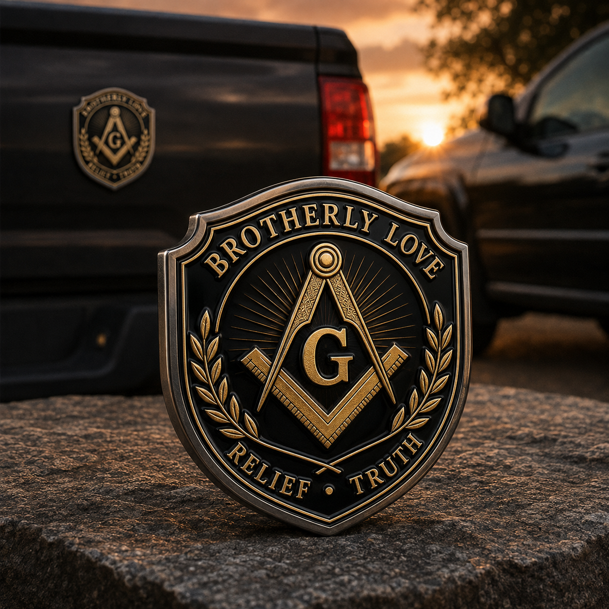 Freemason Metal Car Emblem – Brotherhood, Relief & Truth Masonic Badge for Cars, Trucks & Toolboxes