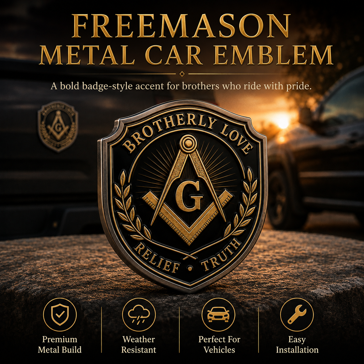 Freemason Metal Car Emblem – Brotherhood, Relief & Truth Masonic Badge for Cars, Trucks & Toolboxes