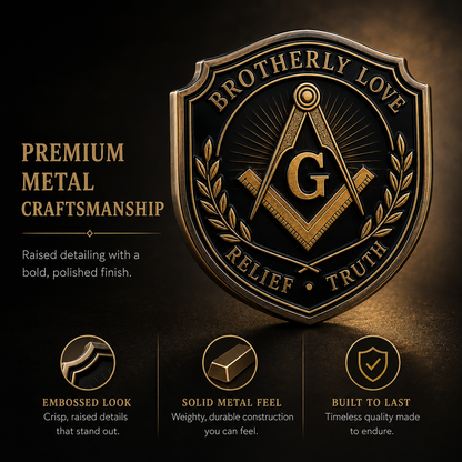 Freemason Metal Car Emblem – Brotherhood, Relief & Truth Masonic Badge for Cars, Trucks & Toolboxes