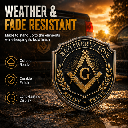 Freemason Metal Car Emblem – Brotherhood, Relief & Truth Masonic Badge for Cars, Trucks & Toolboxes