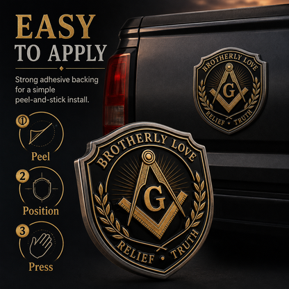Freemason Metal Car Emblem – Brotherhood, Relief & Truth Masonic Badge for Cars, Trucks & Toolboxes