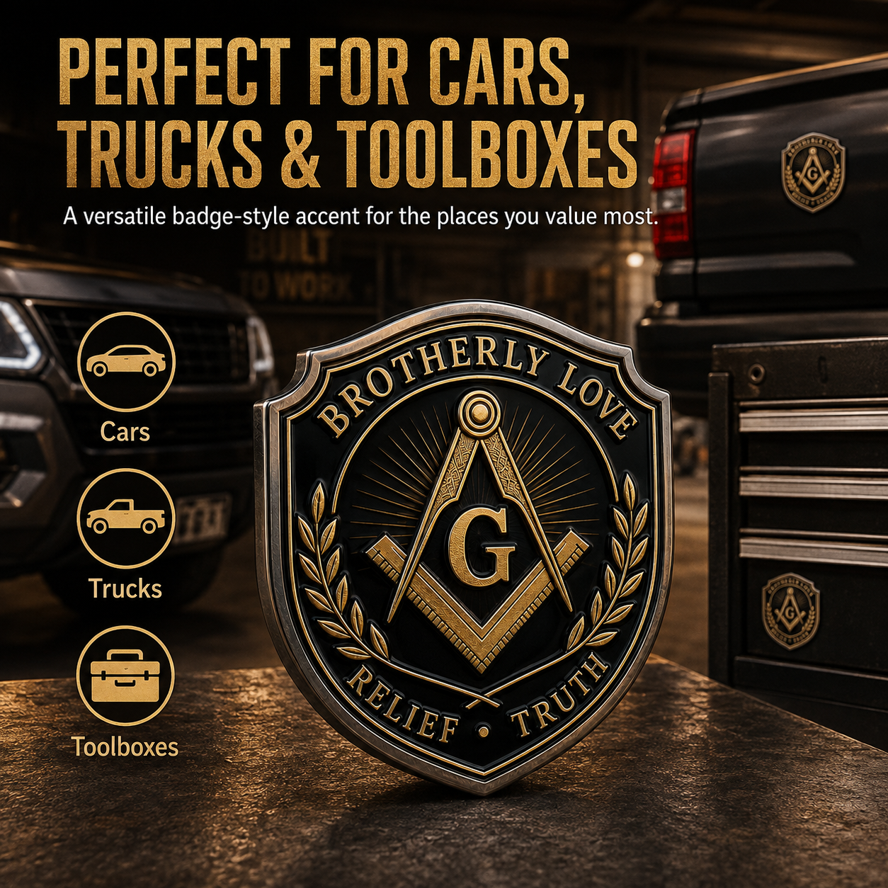 Freemason Metal Car Emblem – Brotherhood, Relief & Truth Masonic Badge for Cars, Trucks & Toolboxes