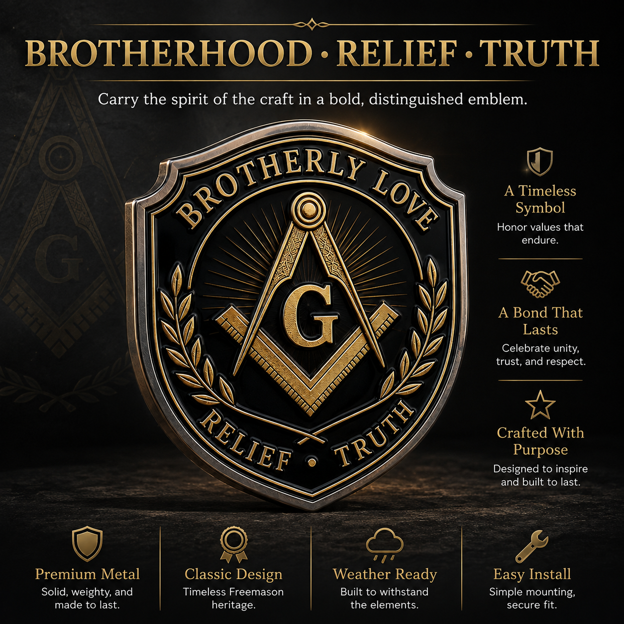 Freemason Metal Car Emblem – Brotherhood, Relief & Truth Masonic Badge for Cars, Trucks & Toolboxes