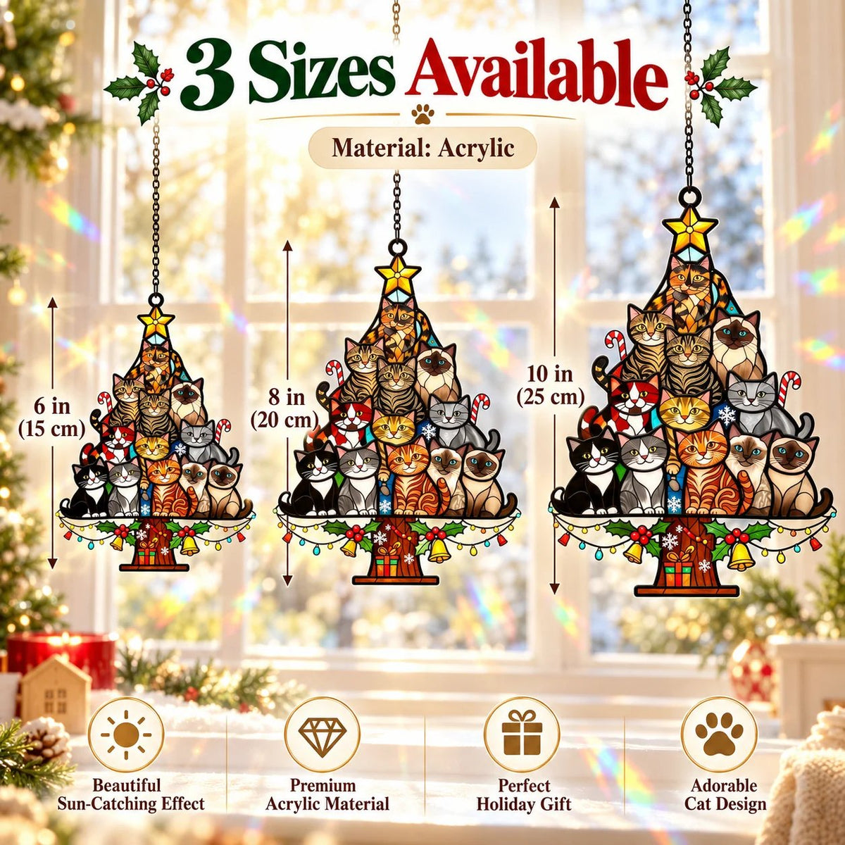 🐱 Cat Christmas Tree Suncatcher – A Purr-fect Gift for Cat Lovers! 🌈
